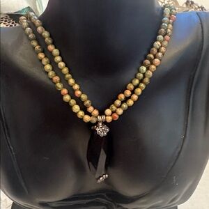 Elegant Black Agate Pendant and Green Jasper Beaded Necklace